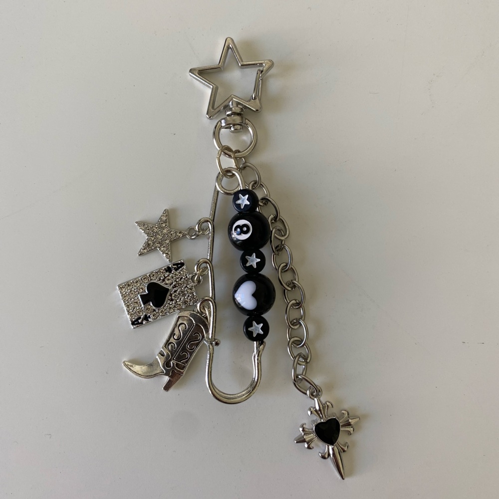 Silver Star Charm Keychain with Black Accent Beads